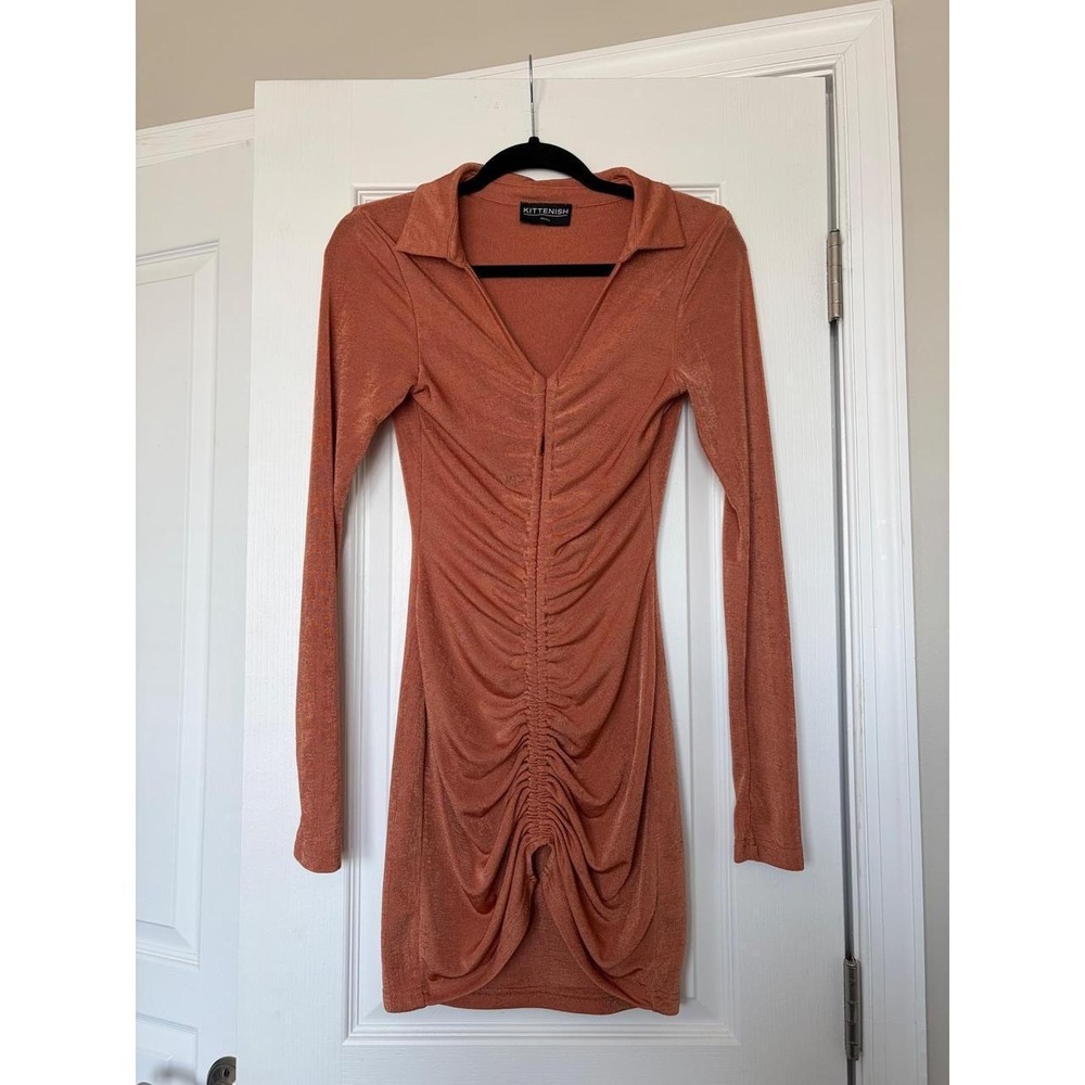 Kittenish Womens Rust Orange Ruched Long Sleeve Collared Mini Dress Small